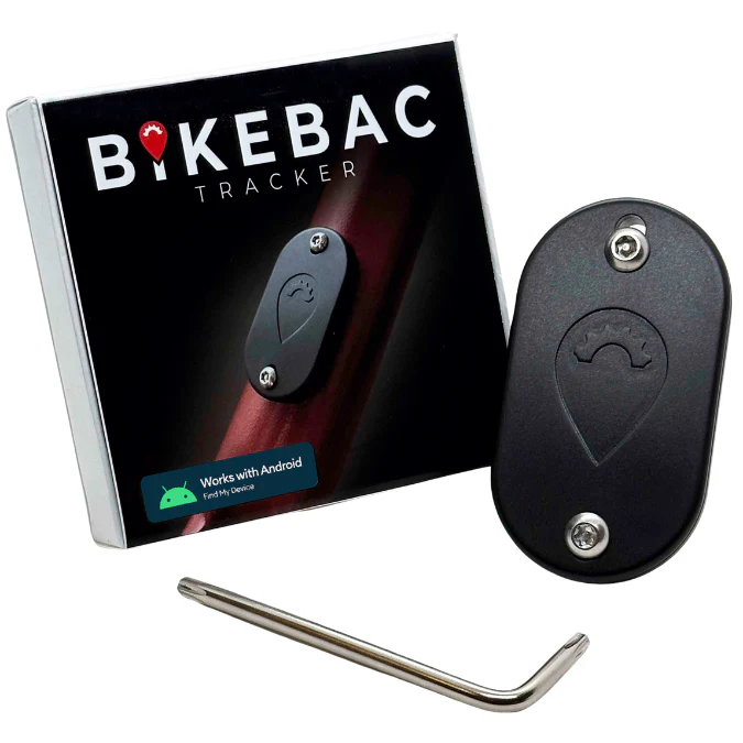 BikeBac tracker with packaging and installation tool on a white background