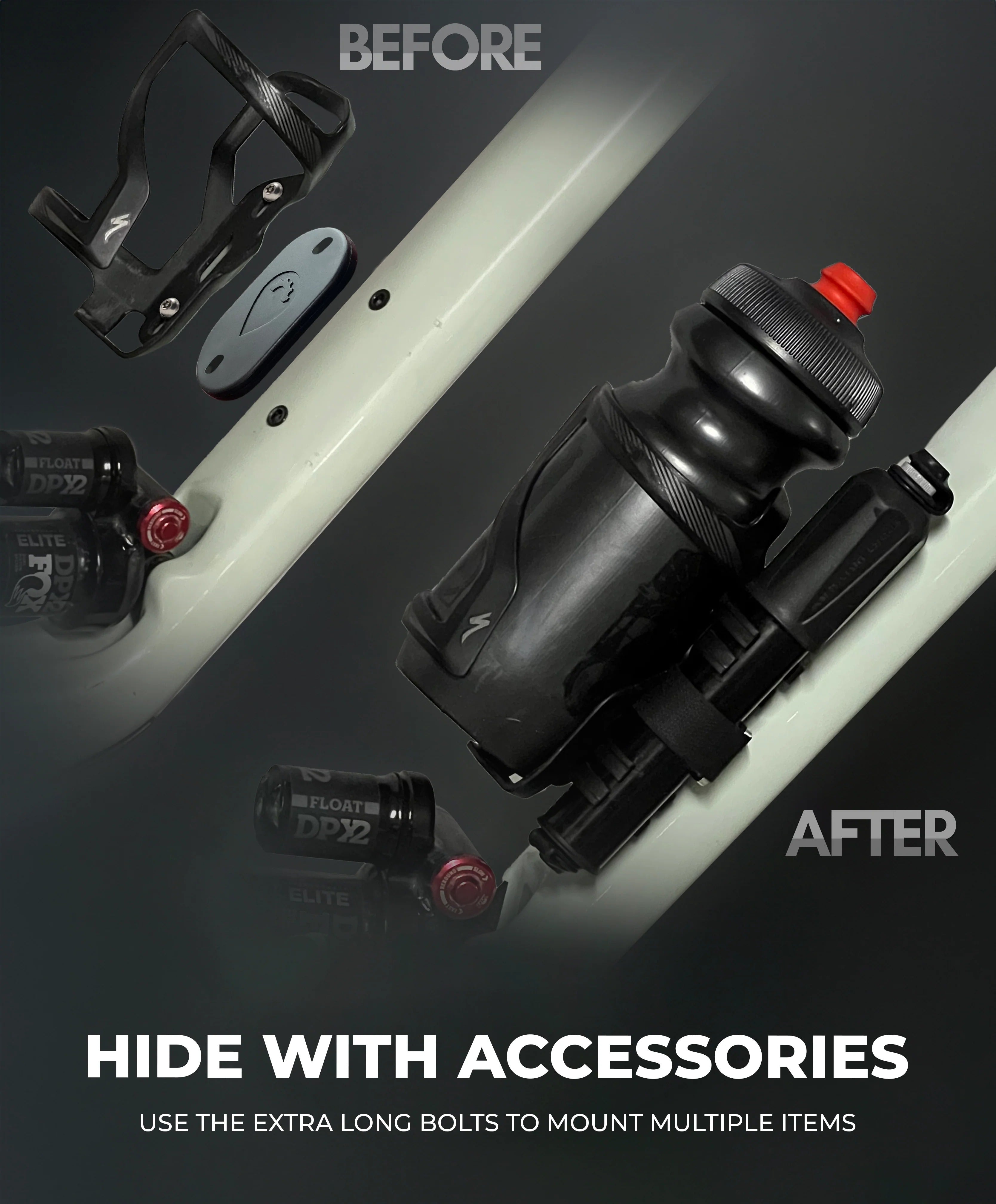 A picture of the Bikebac Bike Tracker being hidden behind bike accessories with a before and after it has been installed.