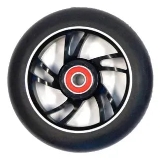 Black scooter wheel with red inner bearing on a white background