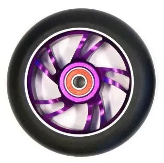 A close-up of a scooter wheel with a black rubber tyre, a metallic purple and silver multi-spoke hub, and a visible orange inner bearing ring, isolated on a white background.