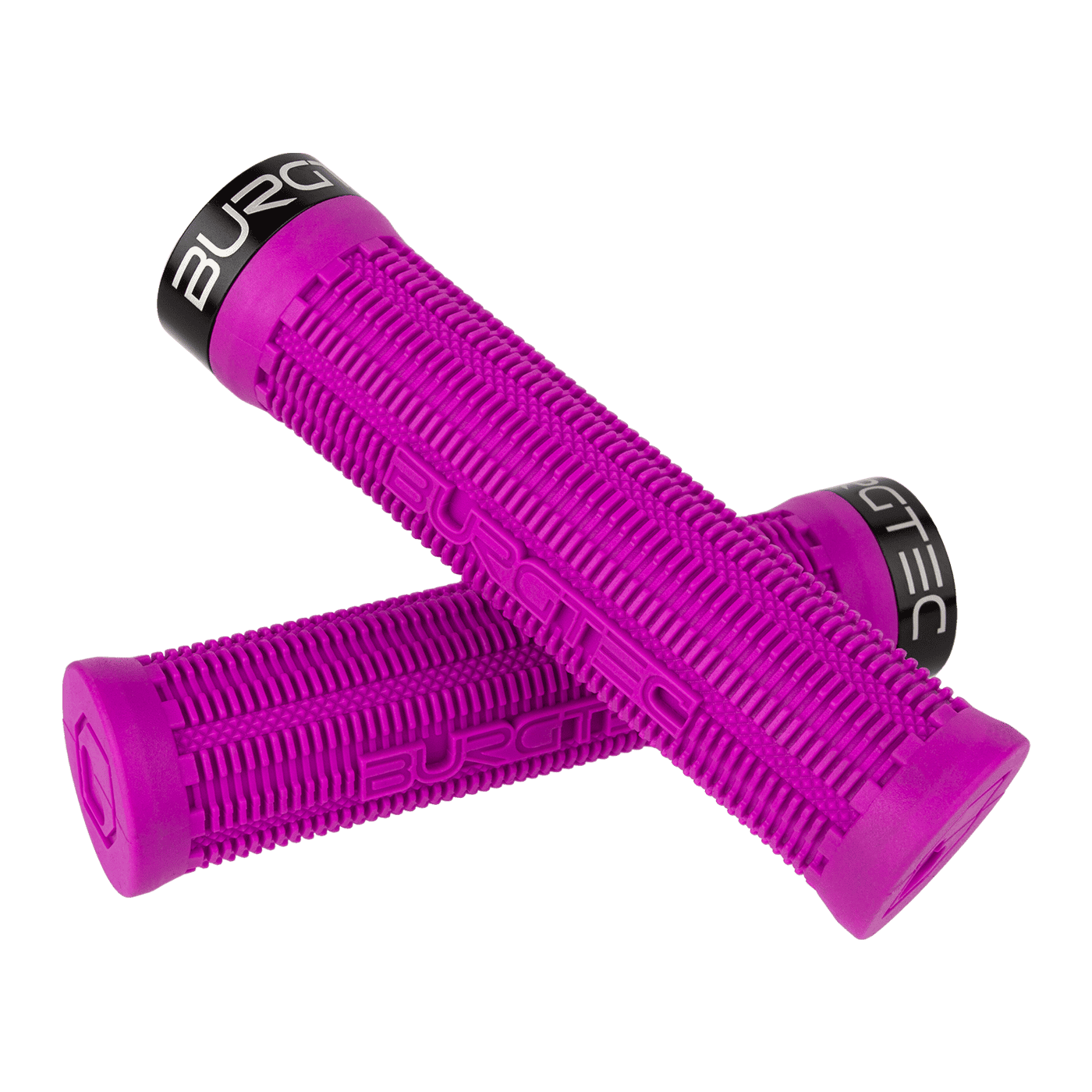 Purple bicycle grips with 'Burgtec' branding on a white background