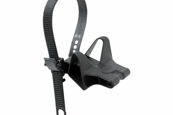 Close up of a bike cradle from a bike rack with a black strap to strap in wheel on white background