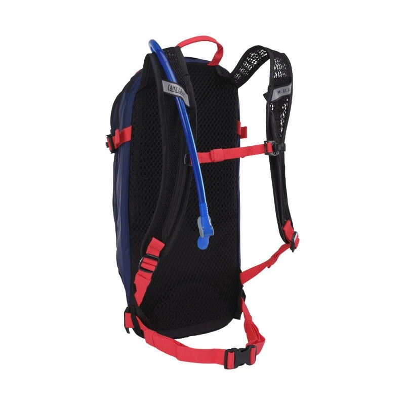 Black and blue hydration backpack with red straps and a blue water tube on a white background