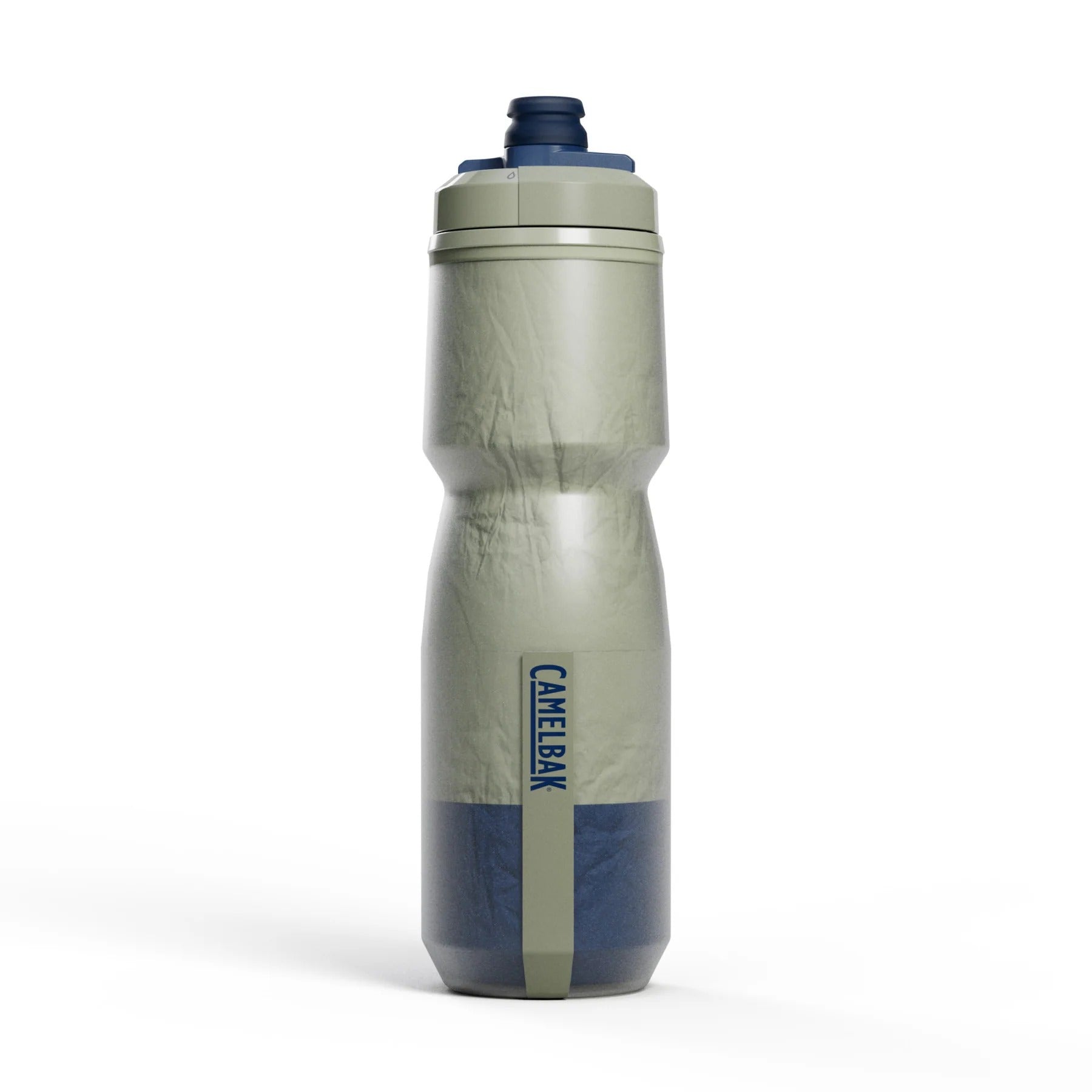CamelBak water bottle with an olive green and blue design on a white background