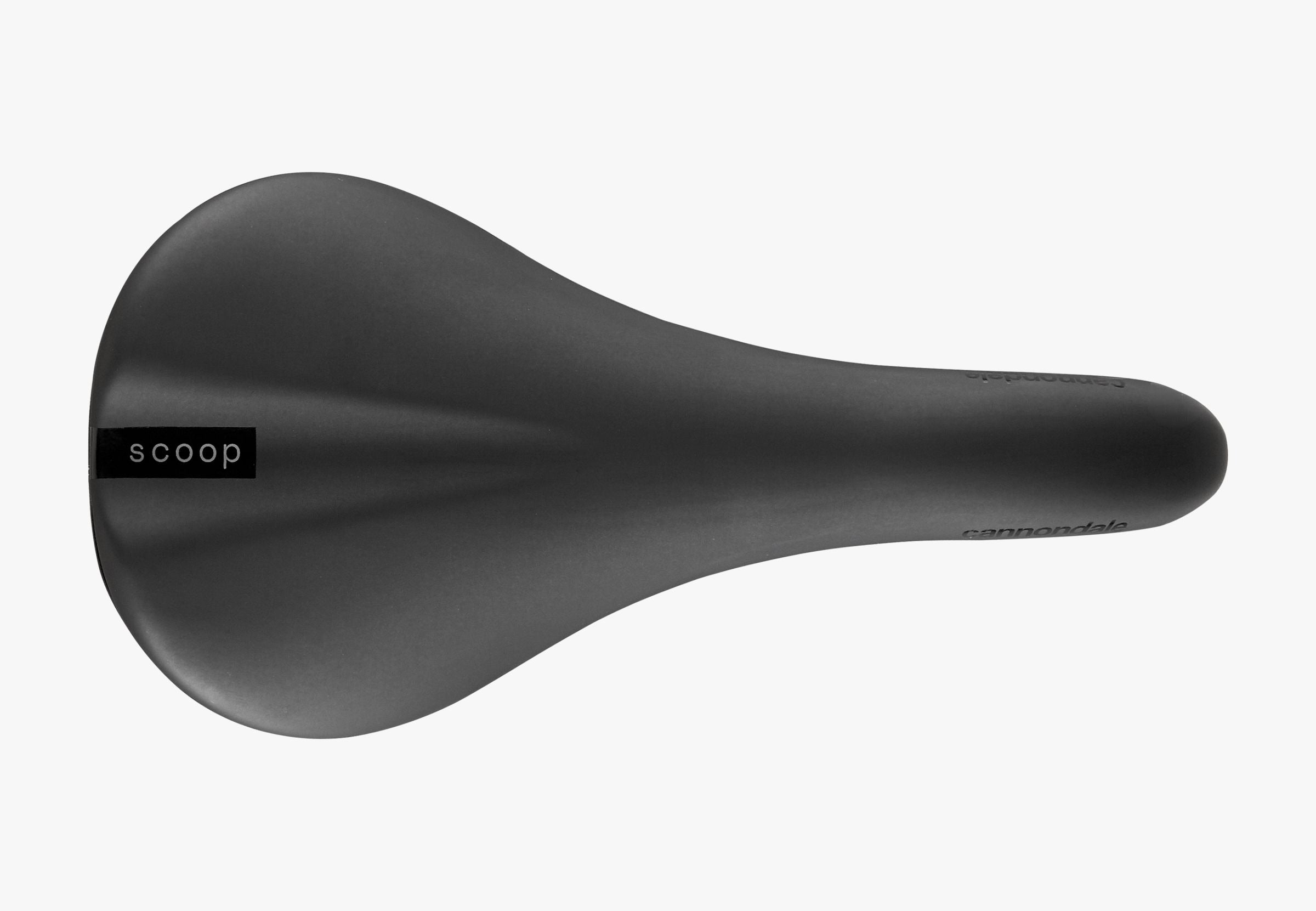 Black bicycle saddle with 'scoop' branding on a white background