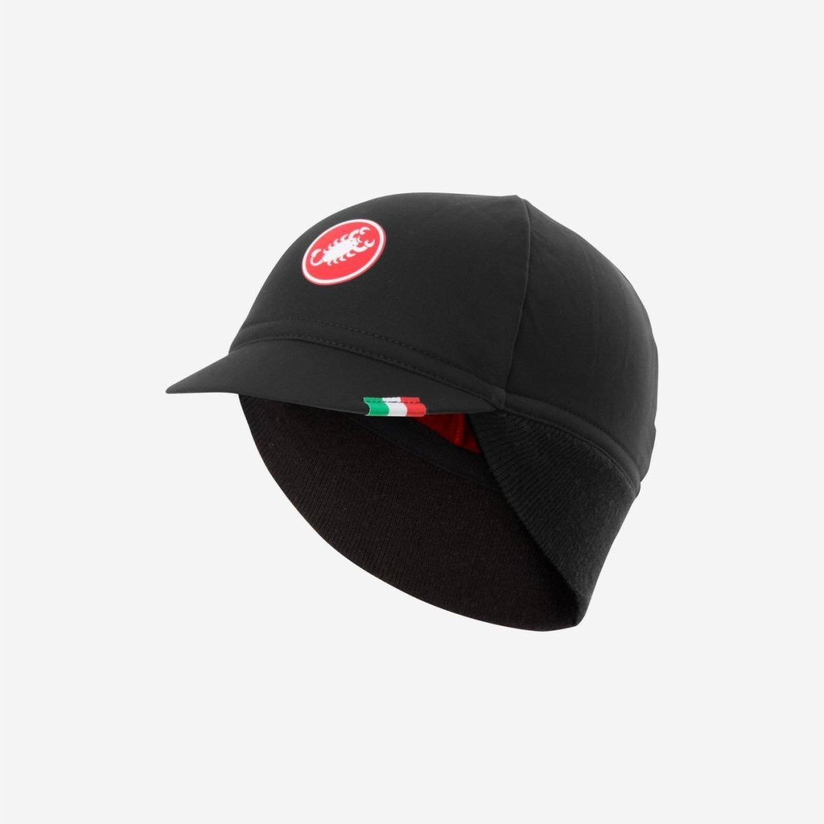 Black Castelli cycling cap with a red logo on a light gray background