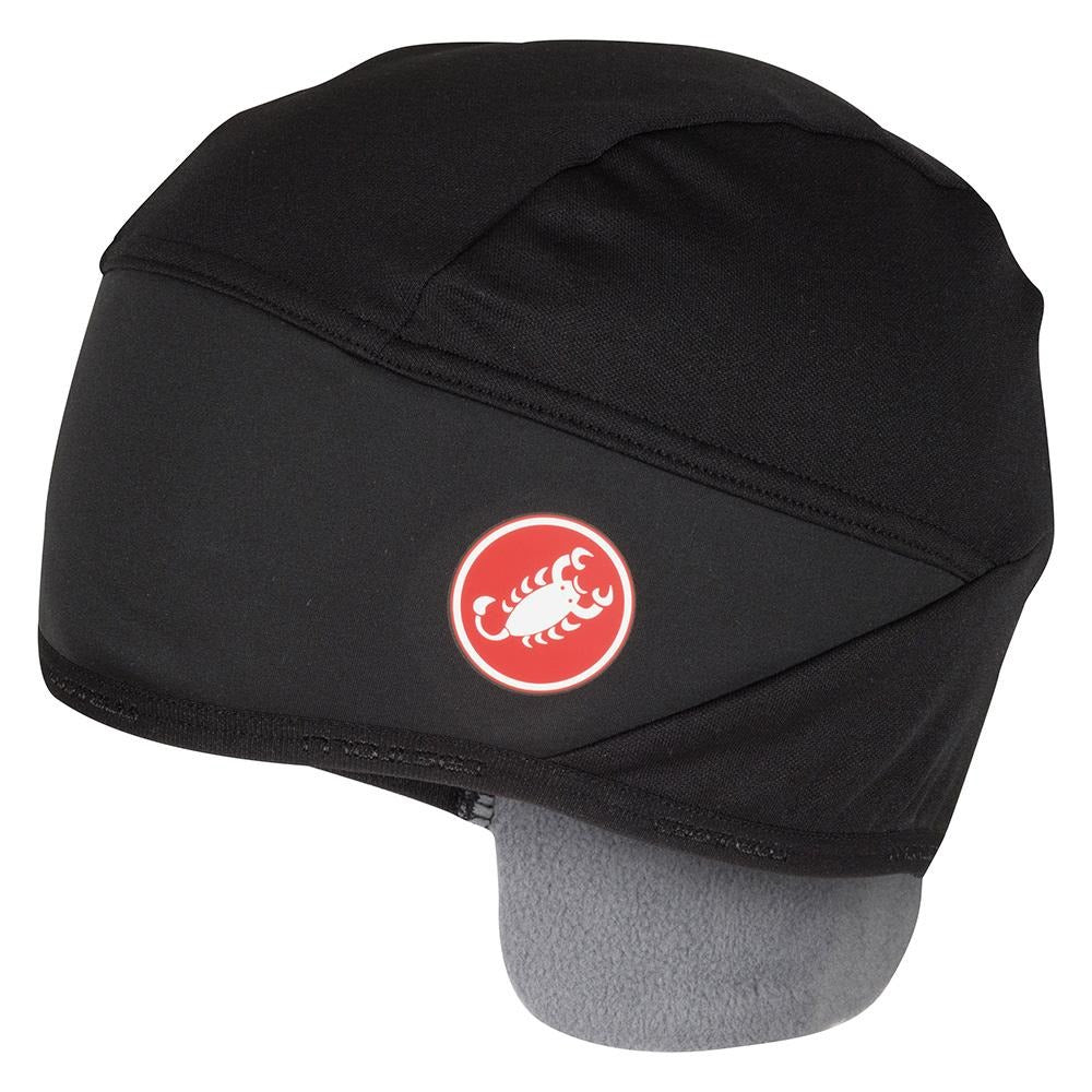 Black cycling skull cap with a red logo on a white background