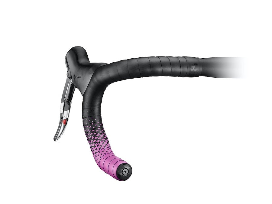Road bike handle bar with black and pink bar tape against a white background