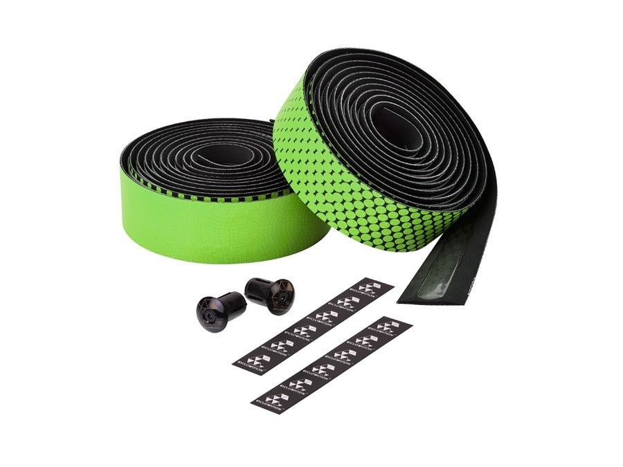Two rolls of green and black road bike bar tape against a white background