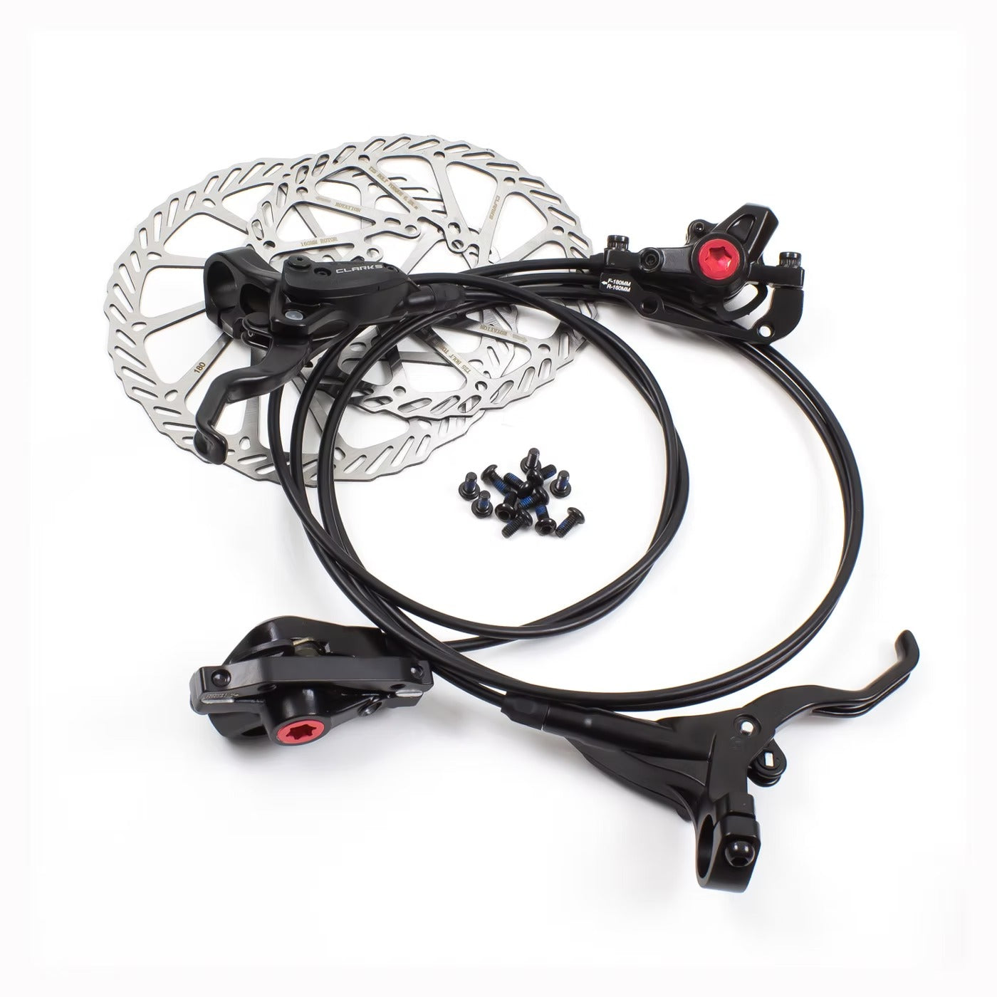 Bicycle hydraulic disc brake components on a white background