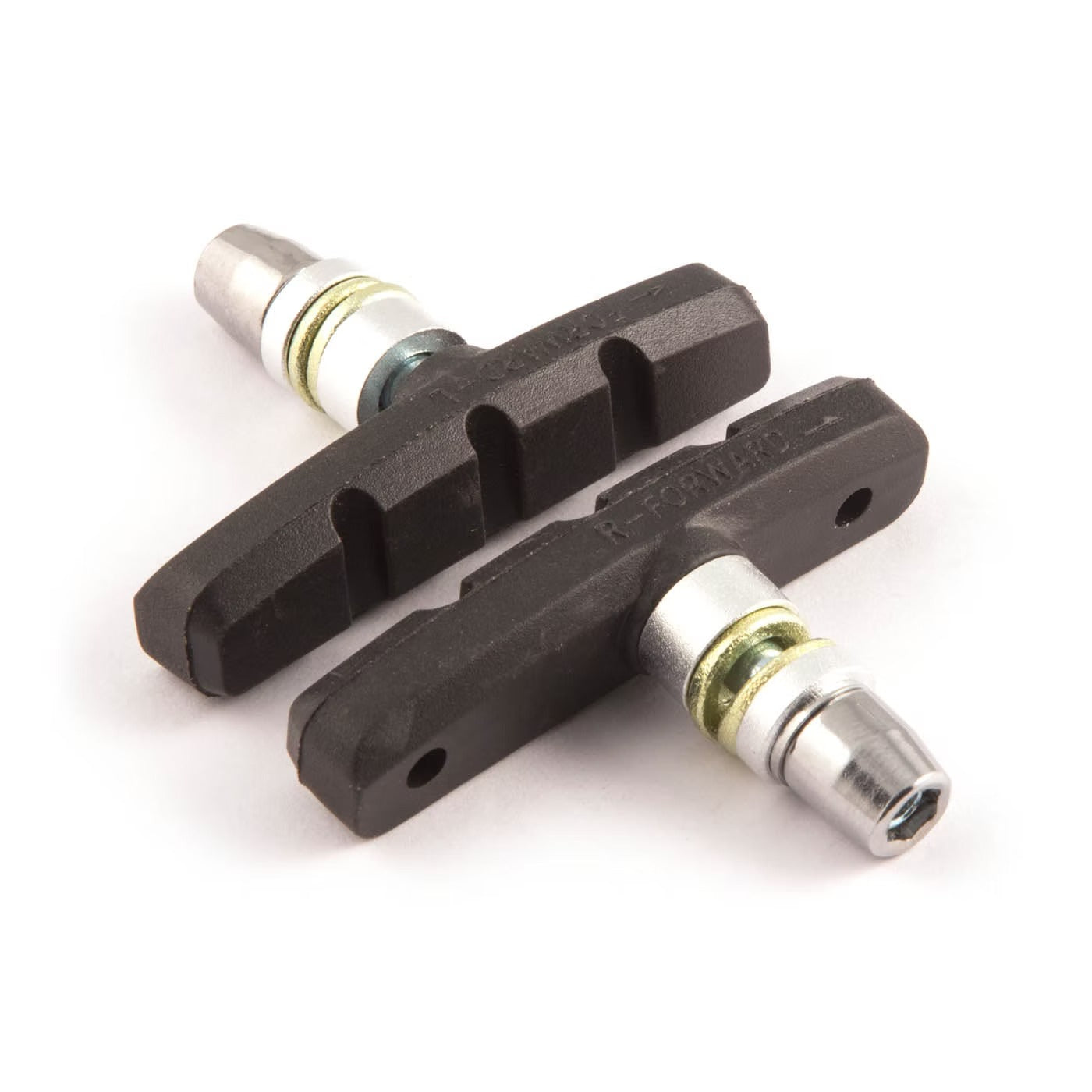 Two black bicycle rim brake pads on a white background