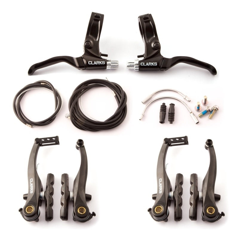 A set of black Clarks V-brake calipers with levers, cables, and mounting hardware for bicycles.