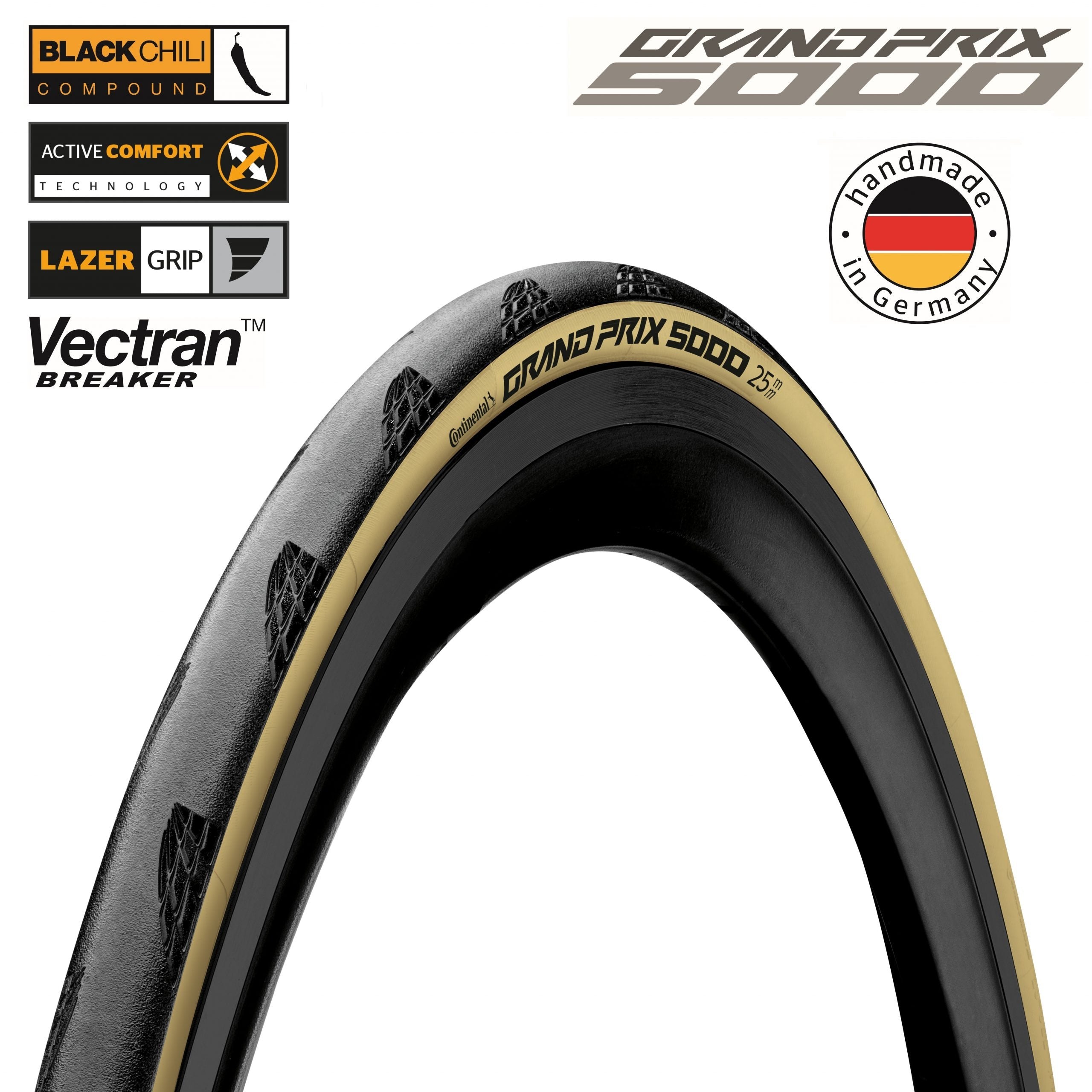 Bicycle tyre with Grand Prix 5000 branding and various feature logos on a white background