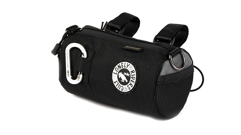 Black handlebar bike bag against a white background