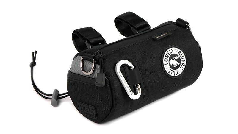 Black bike frame bag with carabiner and logo on a white background