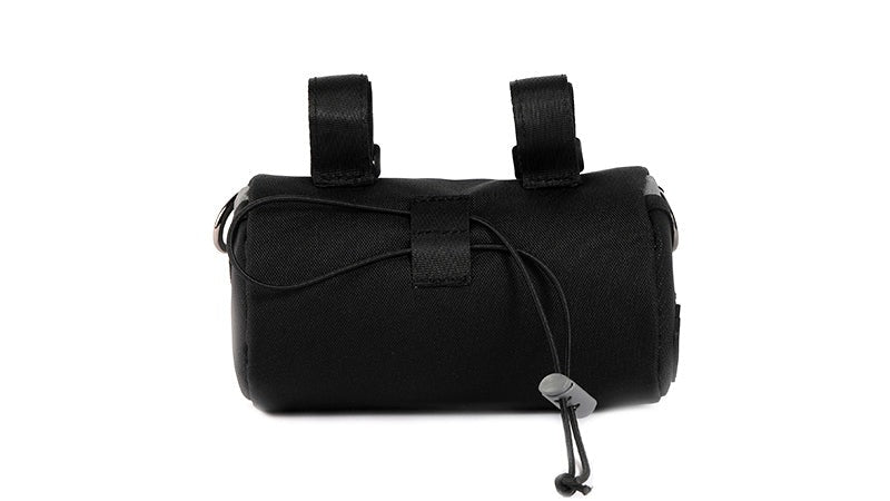 Black bike handlebar bag against a white background