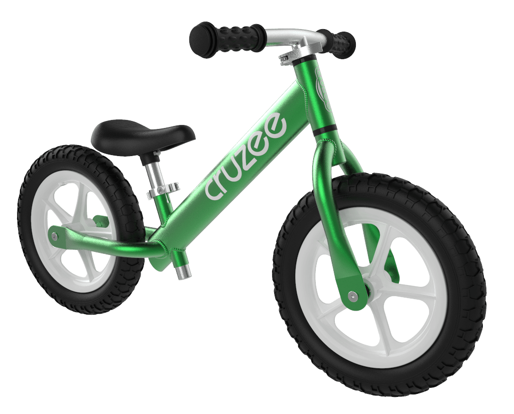 A green Cruzee Ultralite Aluminium Balance Bike with black accents and white wheels designed for toddlers.