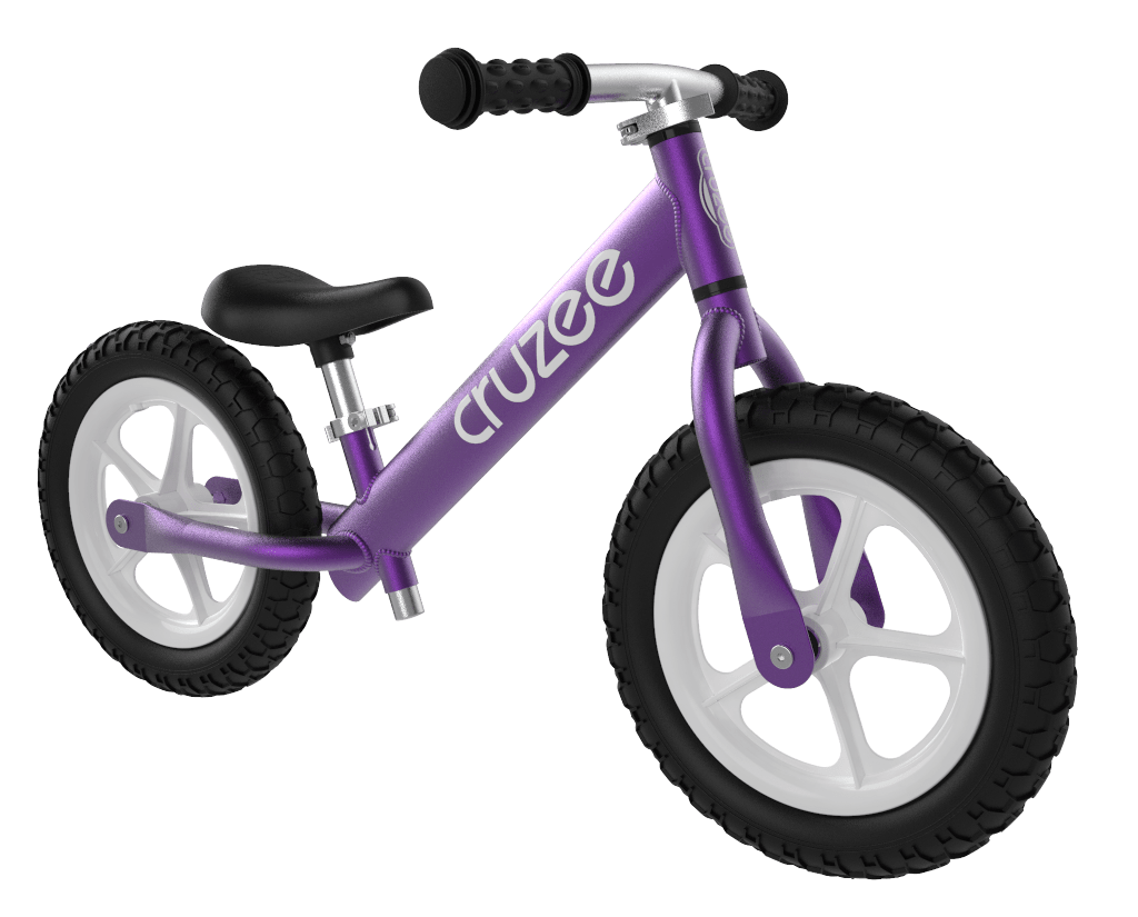 Purple Cruzee Balance Bike against a white background