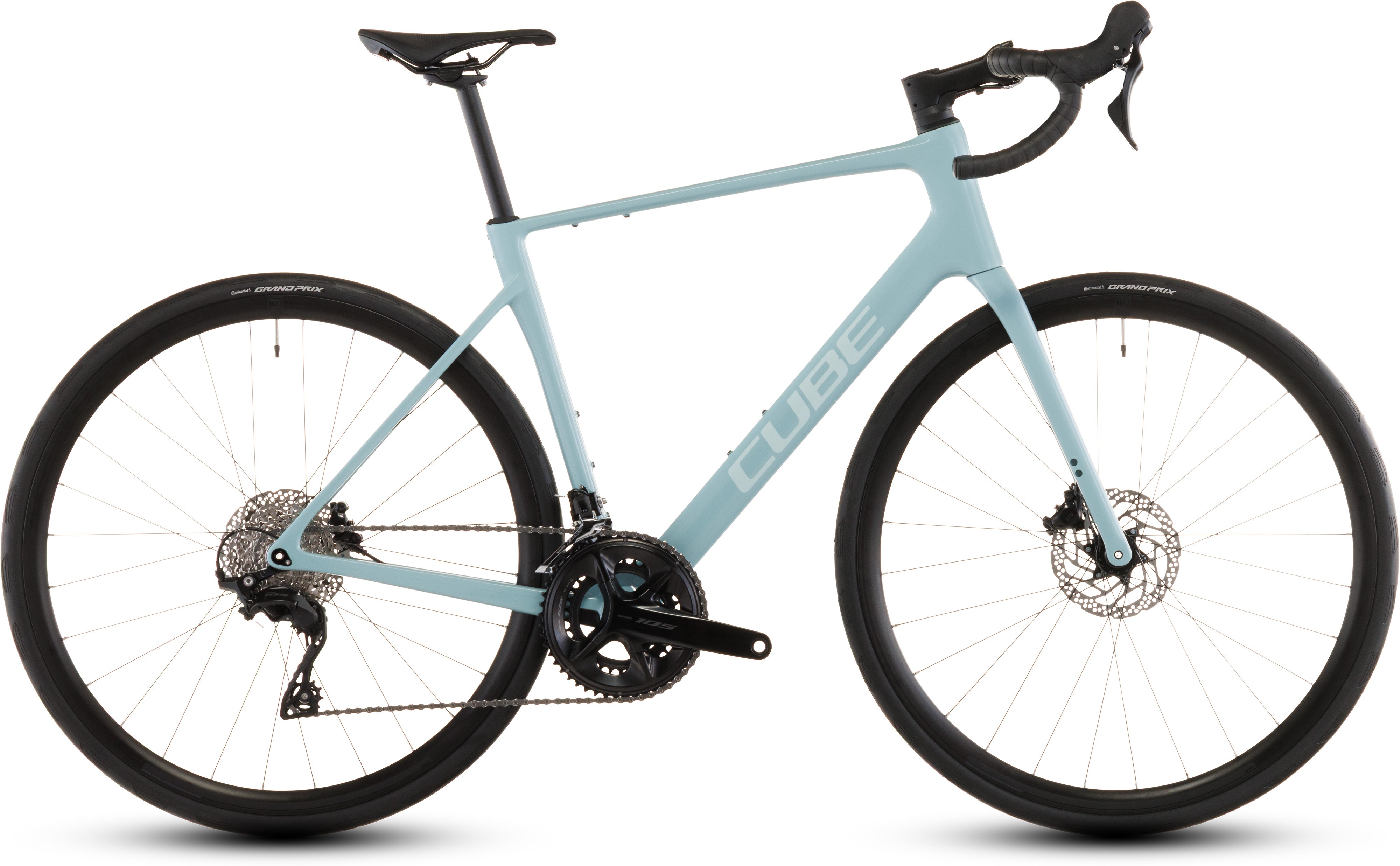 Light blue road bike with black components on a white background