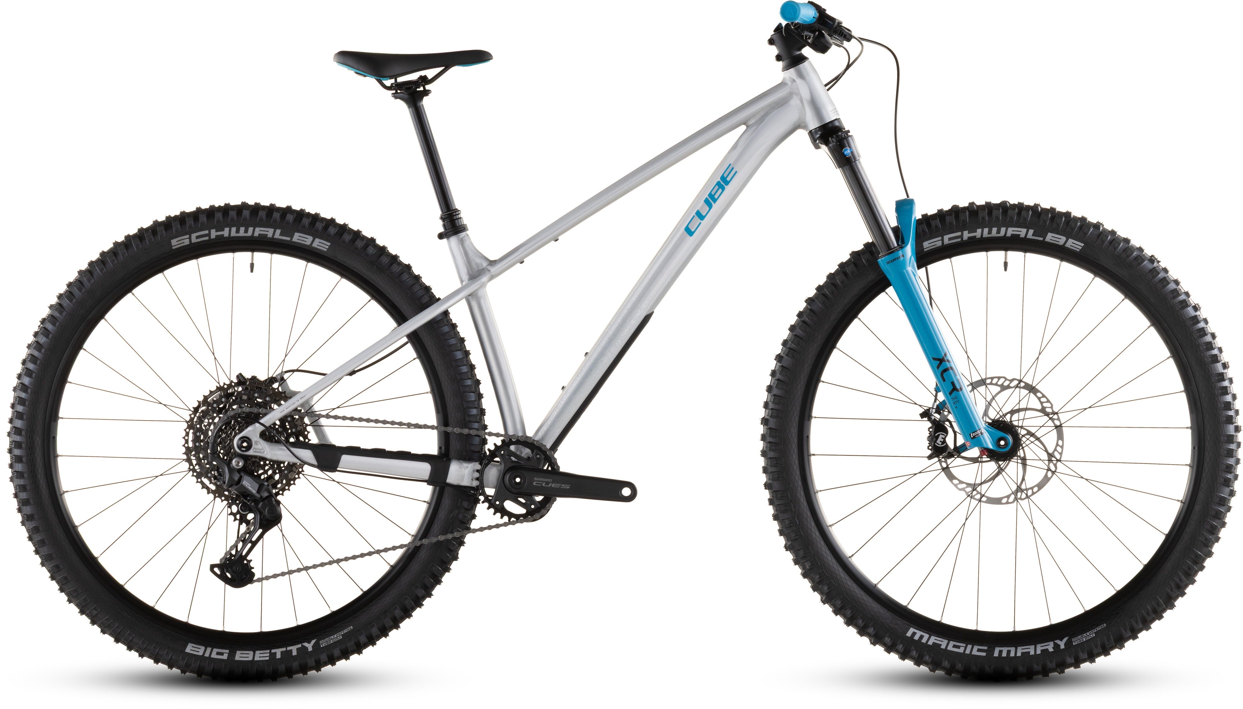 Cube mountain bike with a silver frame and blue front fork on a white background
