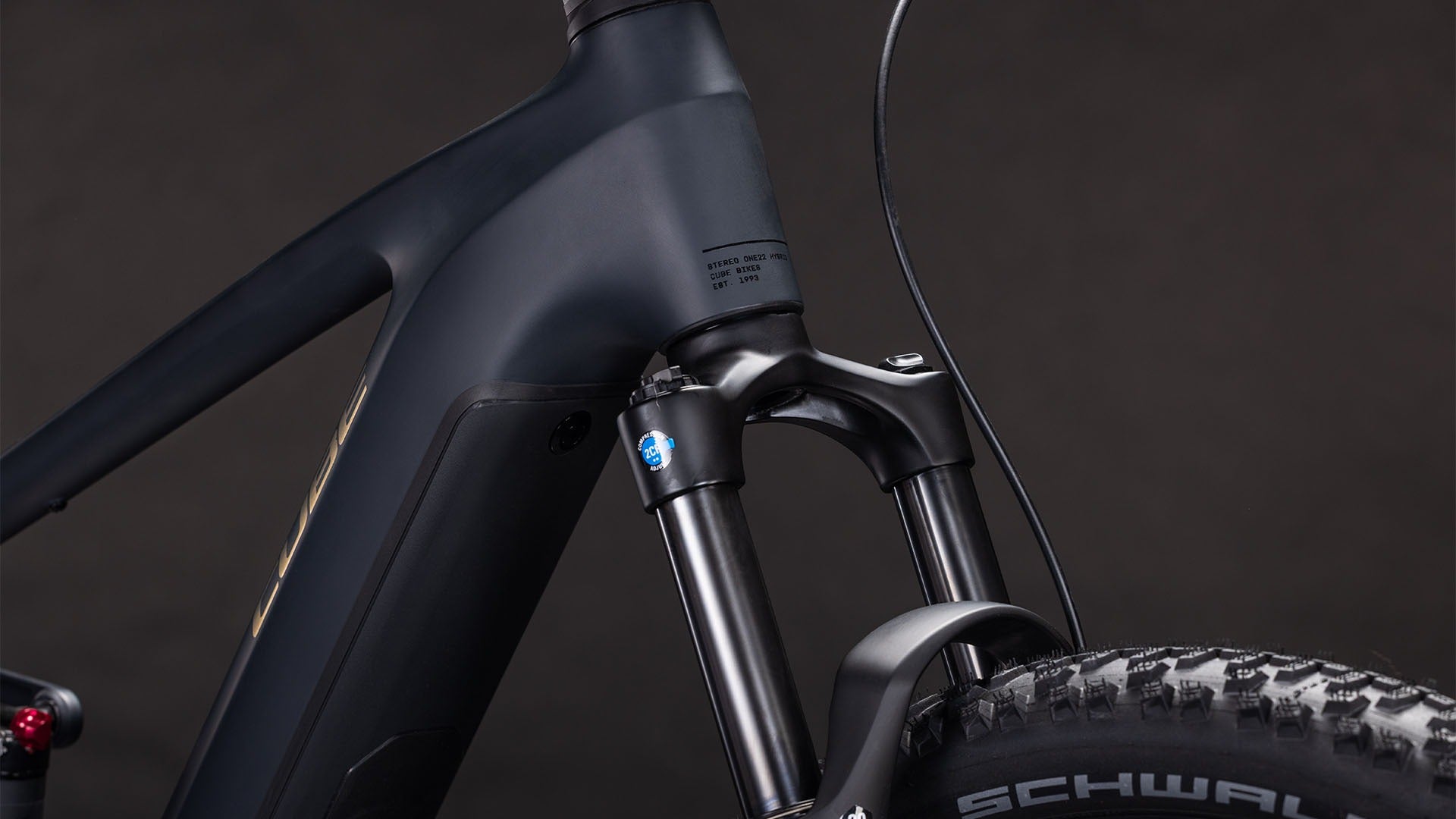 Close up of the front fork of a Cube Mountain E-Bike