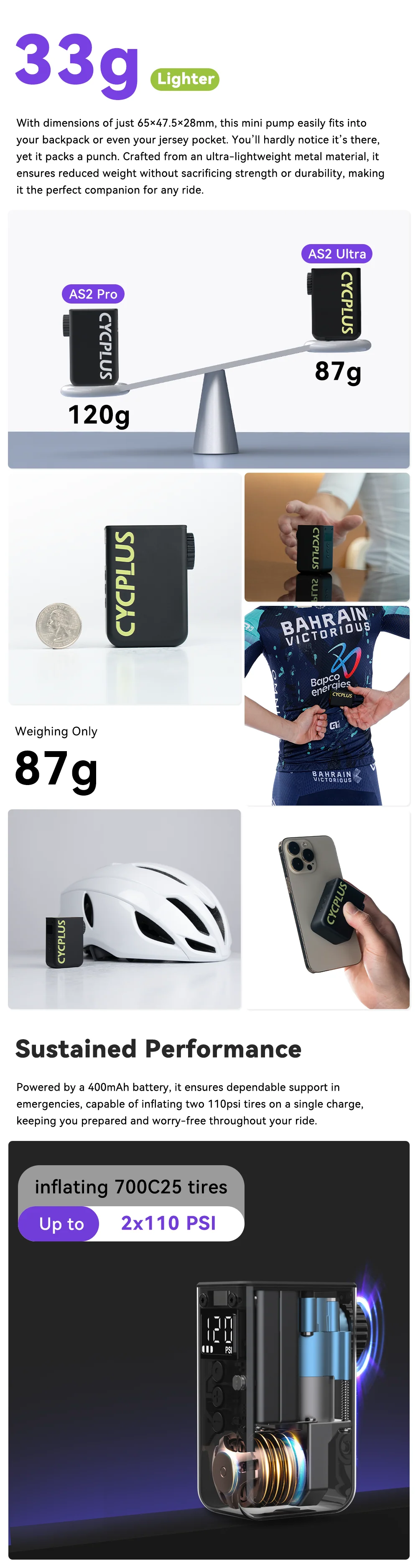 Product comparison chart showing weight differences and features the Cycplus AS2 Ultra Mini Pump