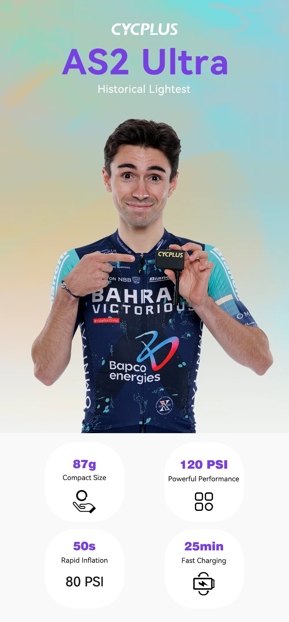 A promotional graphic for the AS2 Ultra cycling jersey by ExoRide. It features a male cyclist wearing the navy blue, light blue, and white jersey, holding up a small 2D print to demonstrate its transparency.