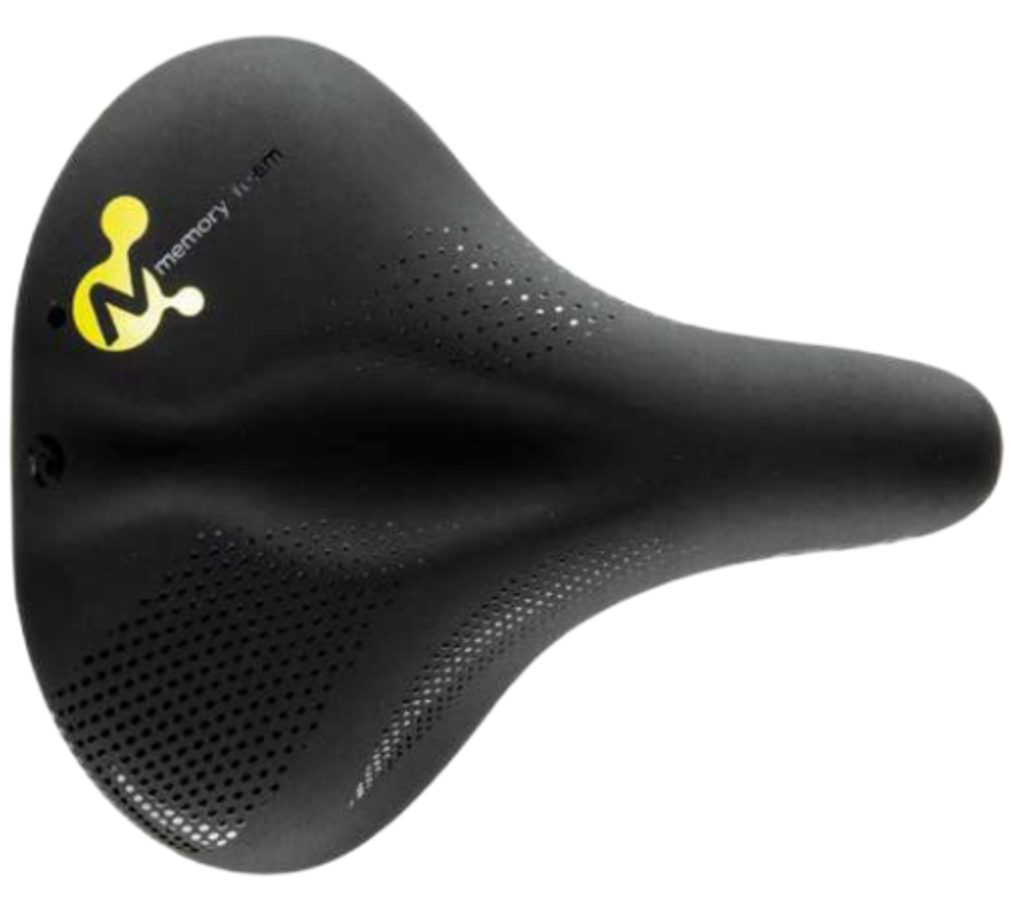 Black bicycle saddle with a visible brand logo on a white background