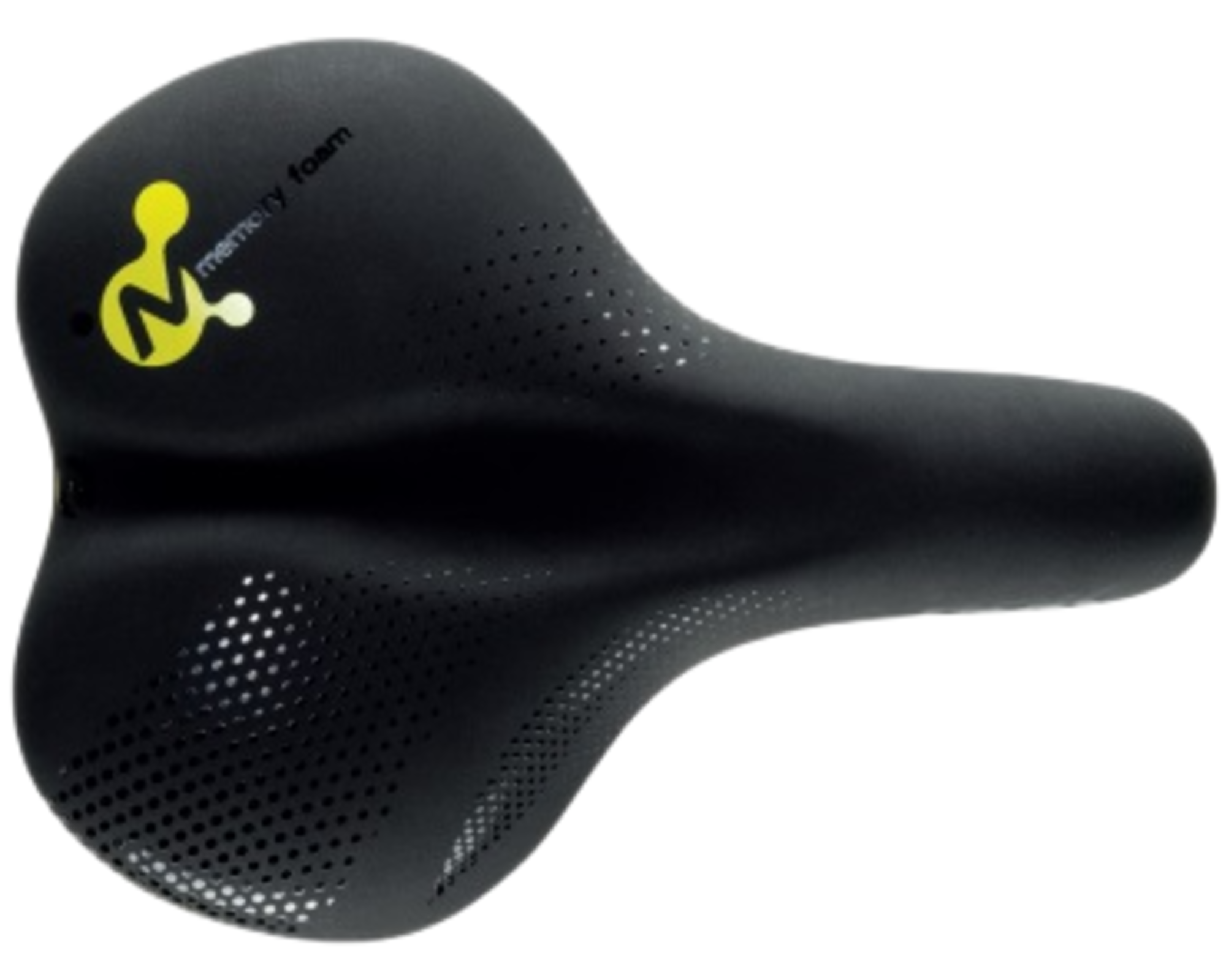Black bicycle saddle with a logo on a white background