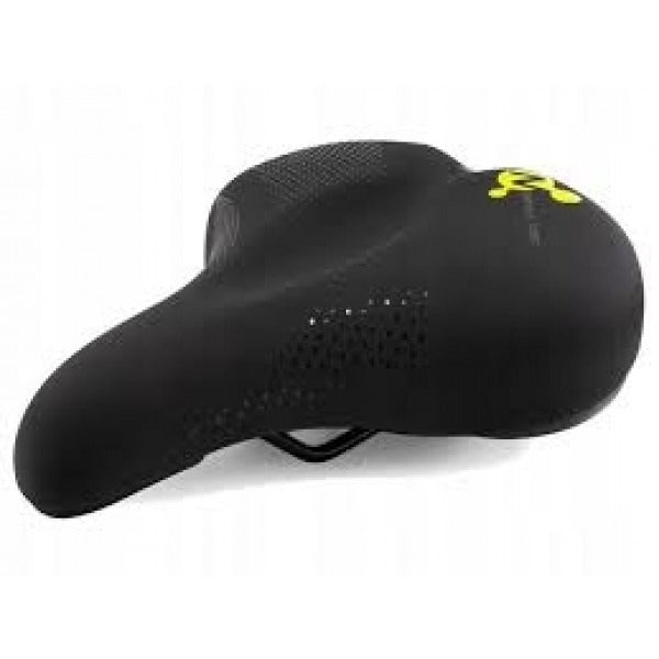 Black bicycle saddle with a yellow logo on a white background