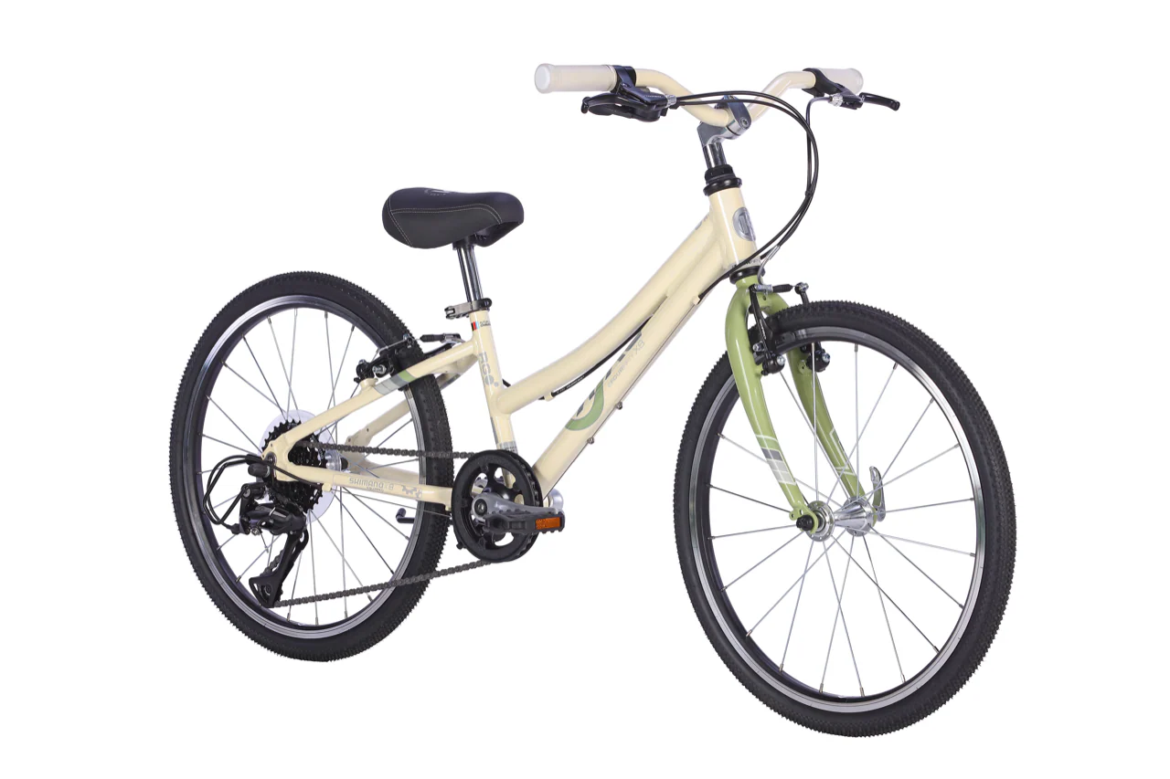 White and Green BYK Kids Hybrid Bike on a white background