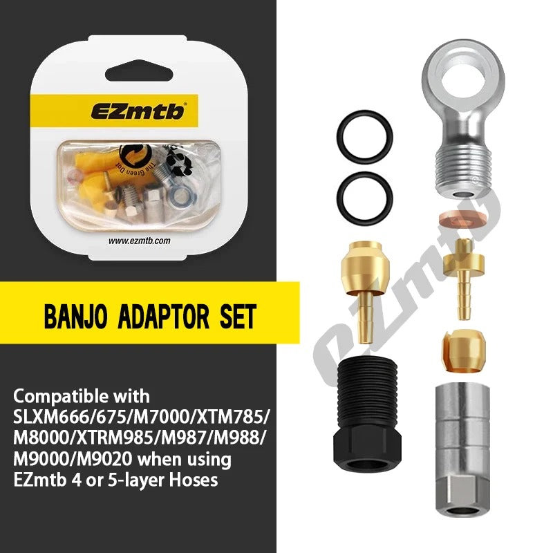 Banjo adaptor set for bicycle hydraulic brakes with packaging and product details on a black background