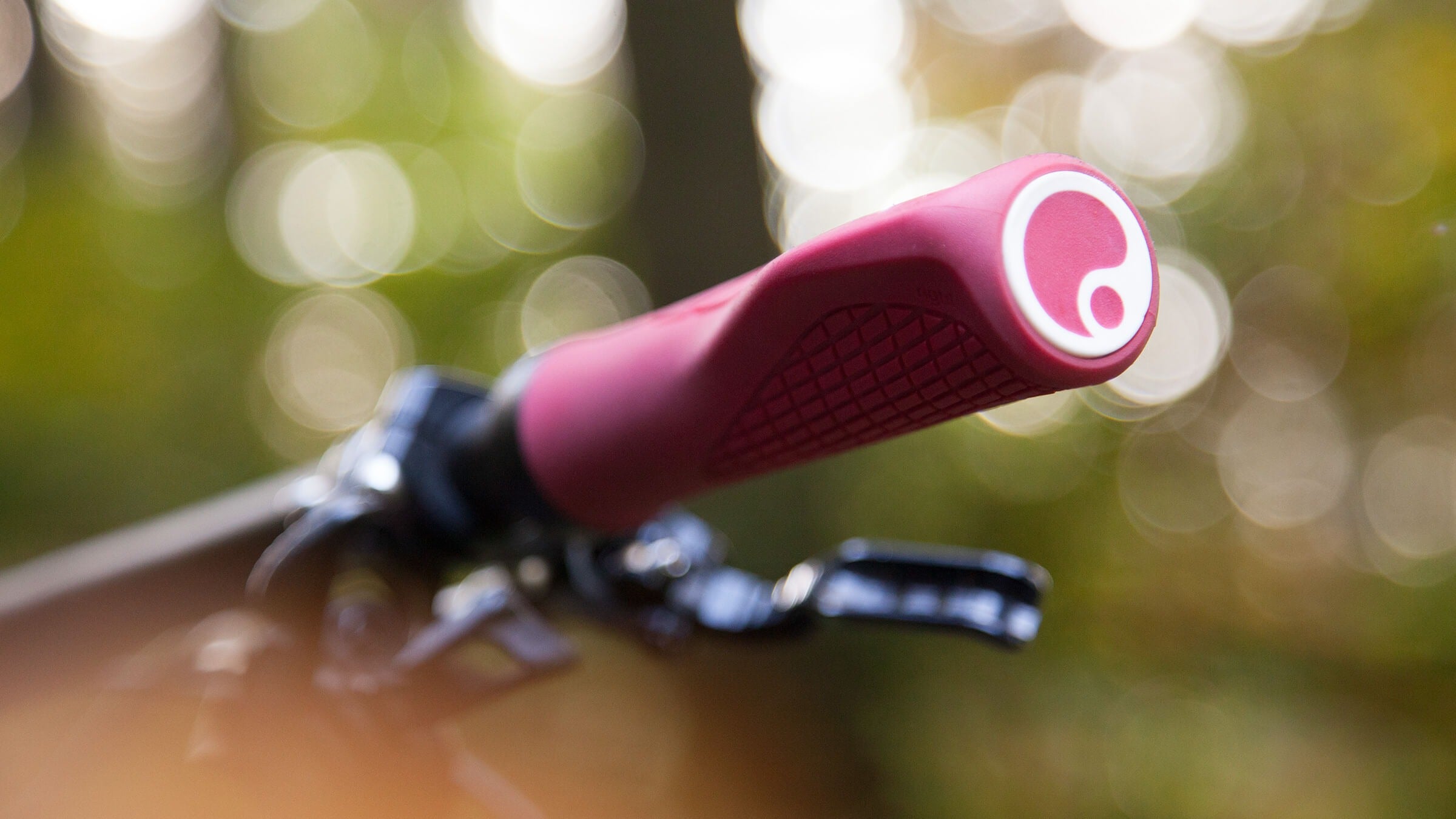Close up of red mountain bike grips with forest in the background