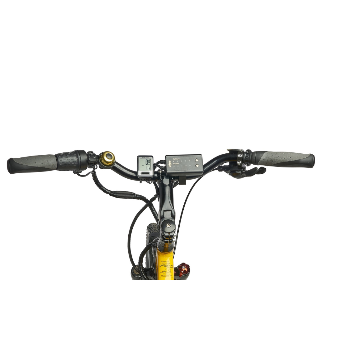 Close-up of  and electric bicycle handlebar with control buttons on a white background
