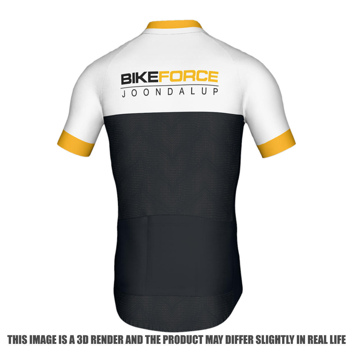 Back view of a short-sleeve cycling jersey in white and black with yellow accents, featuring the text 'BIKEFORCE JOONDALUP' on the upper back, shown on a white background with a disclaimer at the bottom.