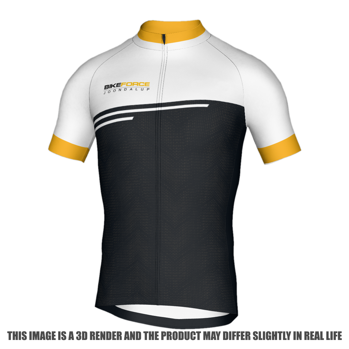 A short-sleeve cycling jersey shown on a white background with a text disclaimer at the bottom. The jersey features a white upper section, a black lower section, yellow collar and sleeve cuffs, and a 'BIKEFORCE JOONDALUP' logo on the left chest.