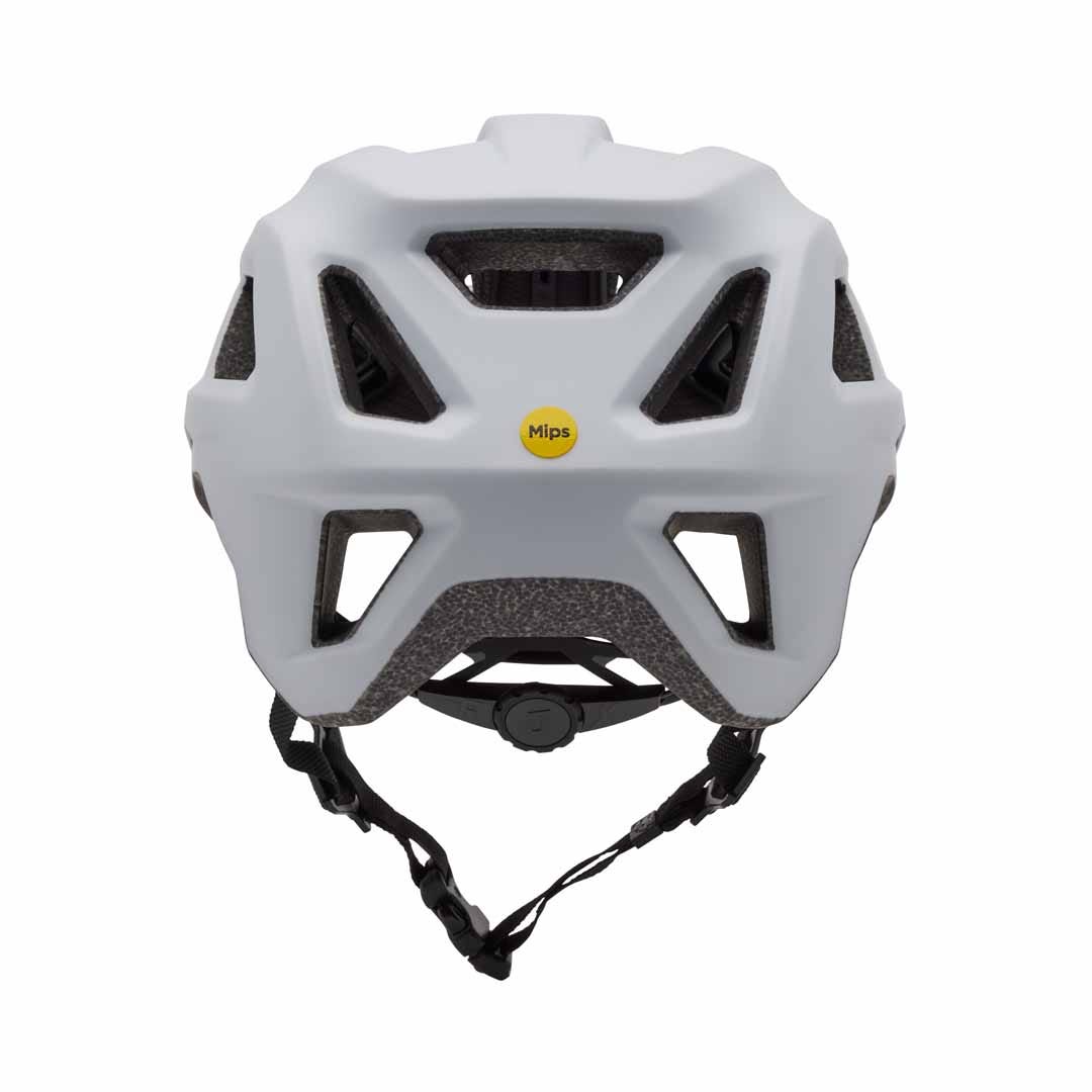 A picture of the back of the white Fox Mainframe Youth Helmet