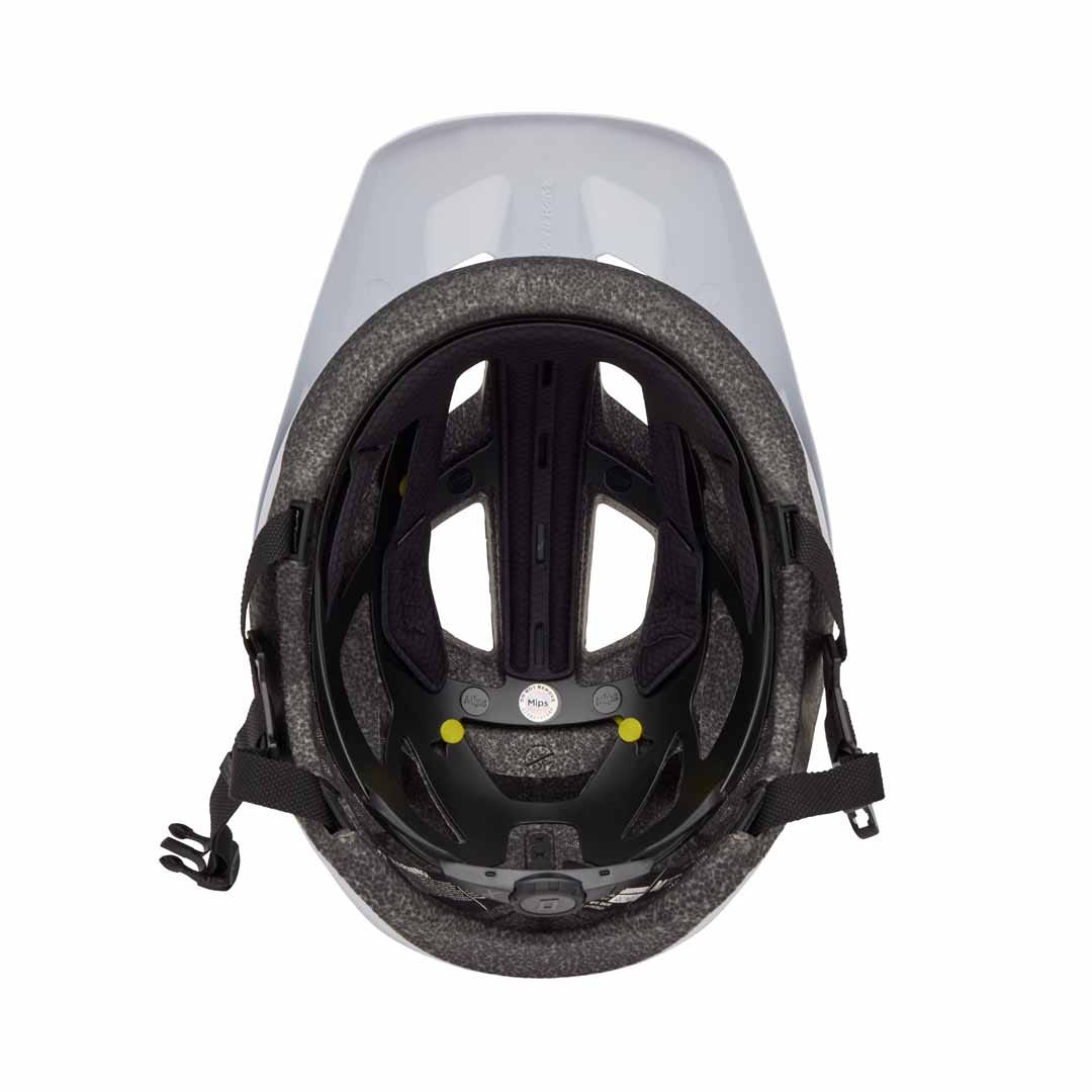 A picture of the inside of the white Fox Mainframe Youth Helmet