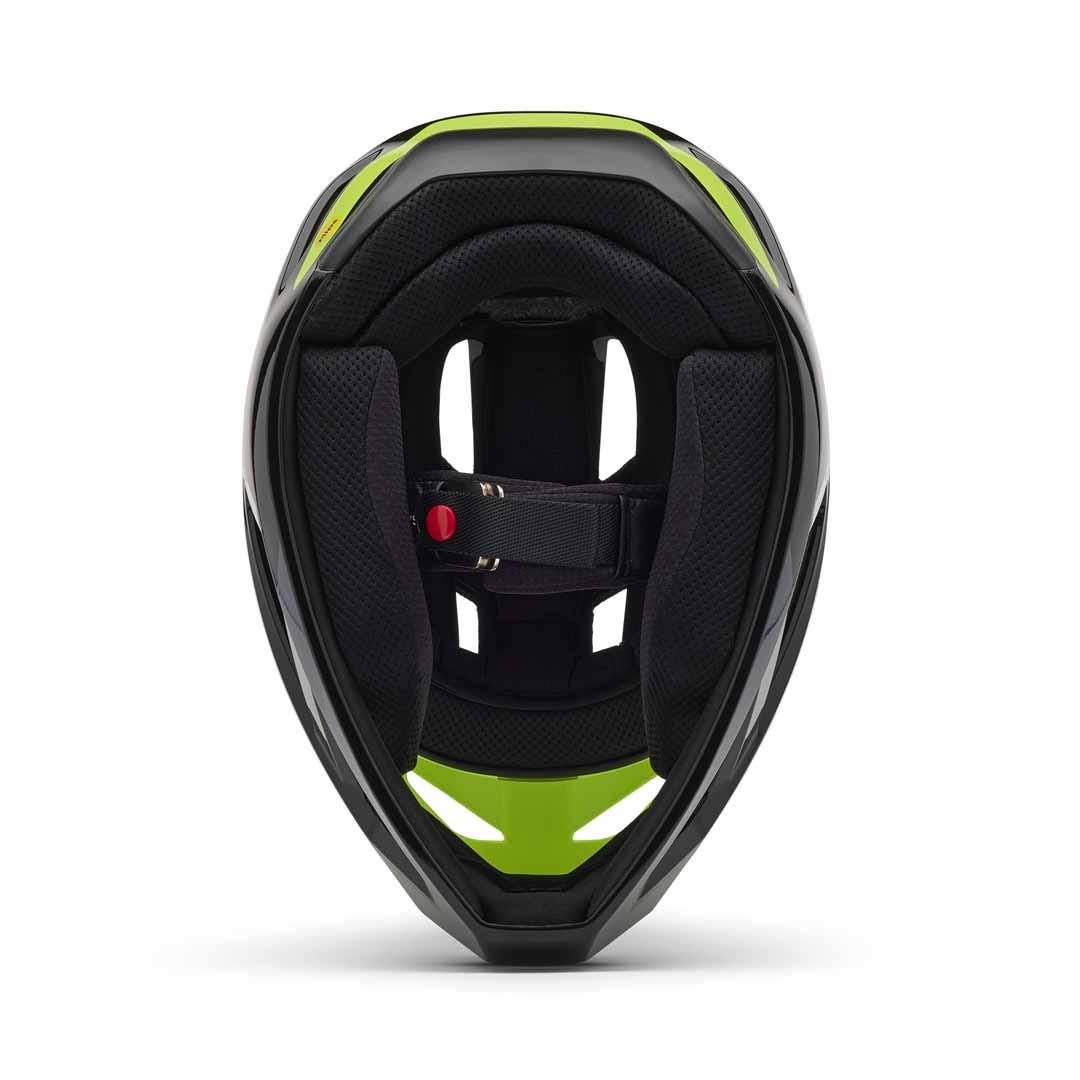 A picture of the underneath of the Fluro Green Black Fox Rampage Barge Full Face Helmet
