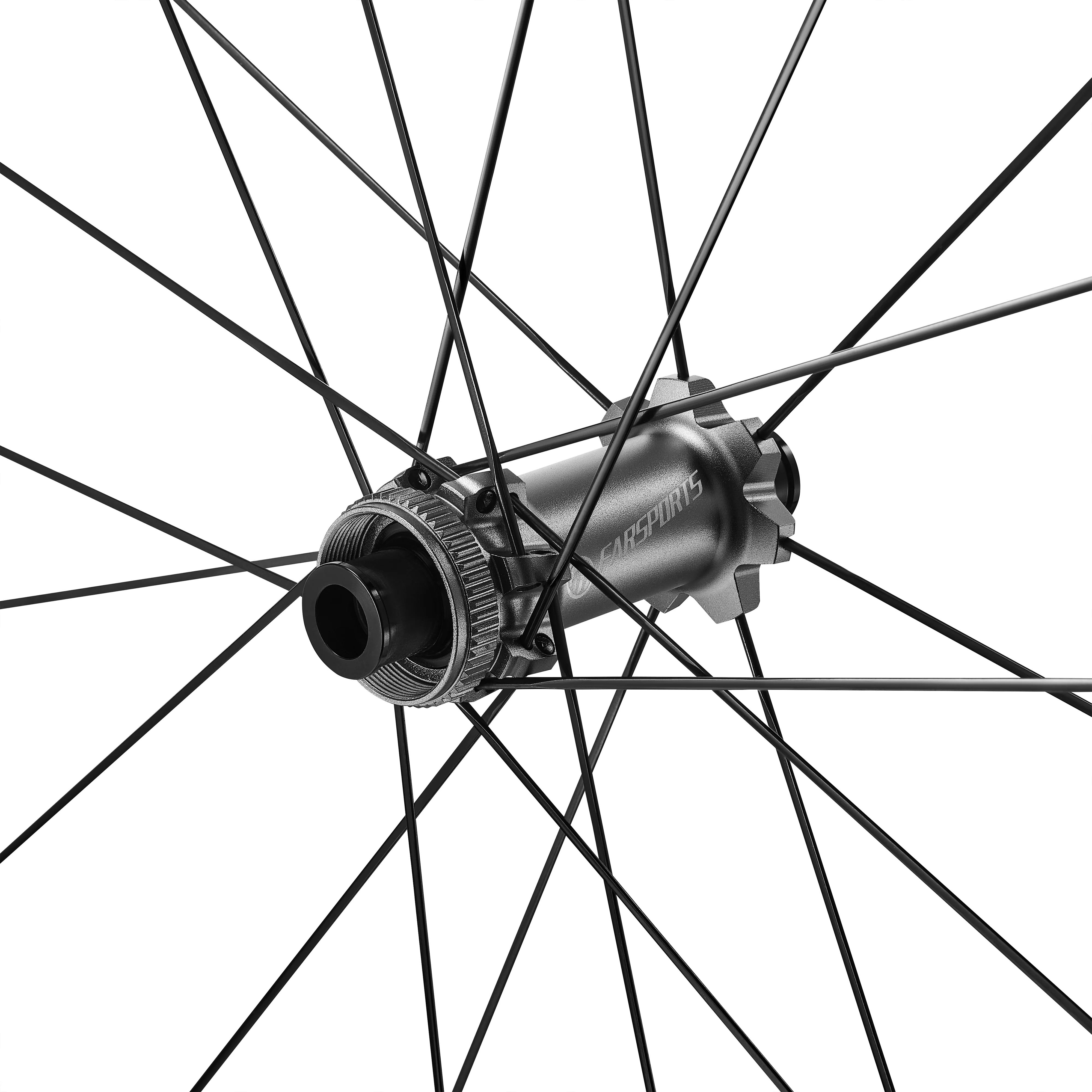 Close-up of a bicycle wheel hub with spokes on a white background
