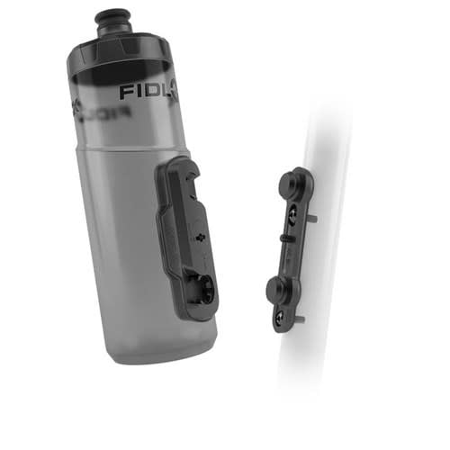 A gray Fidlock Bottle Twist Bike Base Set, showing the bottle attached to a bike frame along with its magnetic-mechanical mounting system.