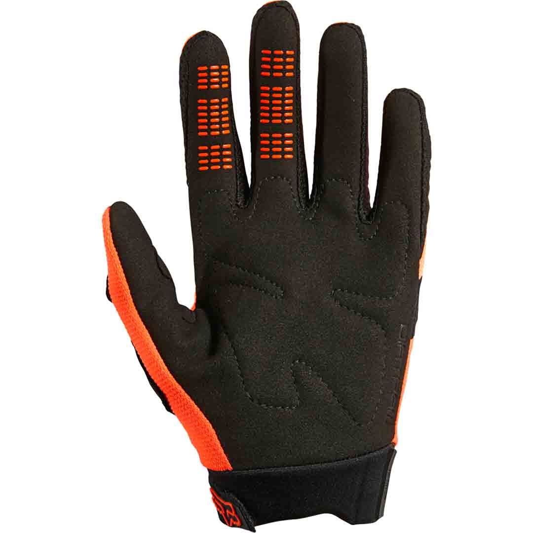 A picture of the fluro orange Fox Dirtpaw Kids Glove from the back