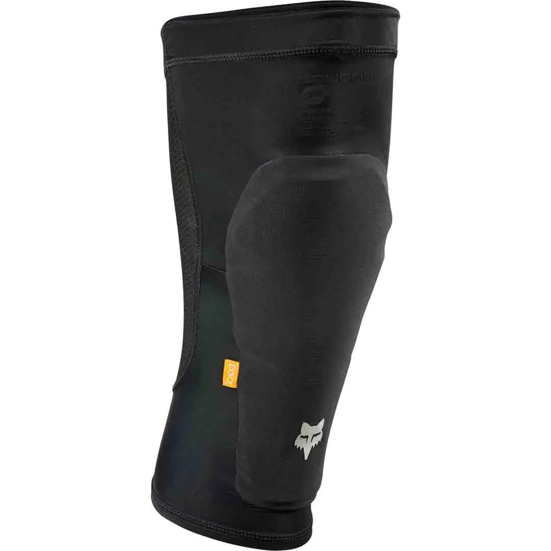 Black mountain bike knee pad with a Fox brand logo on a white background