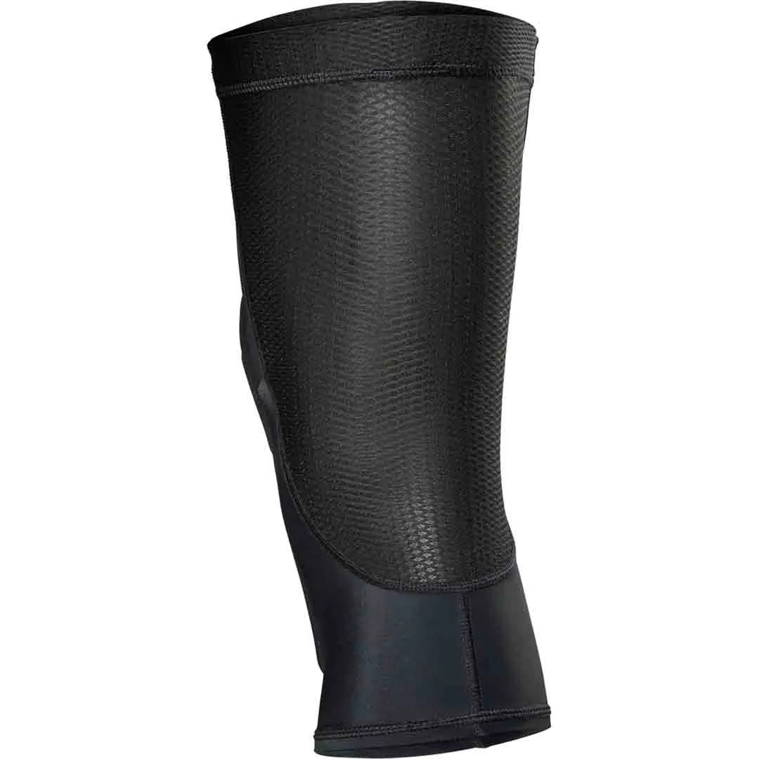 Rear view of a black mountain bike knee pad on a white background