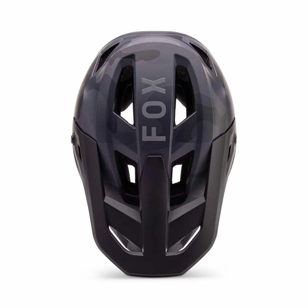 Bird's eye view of a Black Camo Fox Full Face Mountain Bike Helmet on a white background