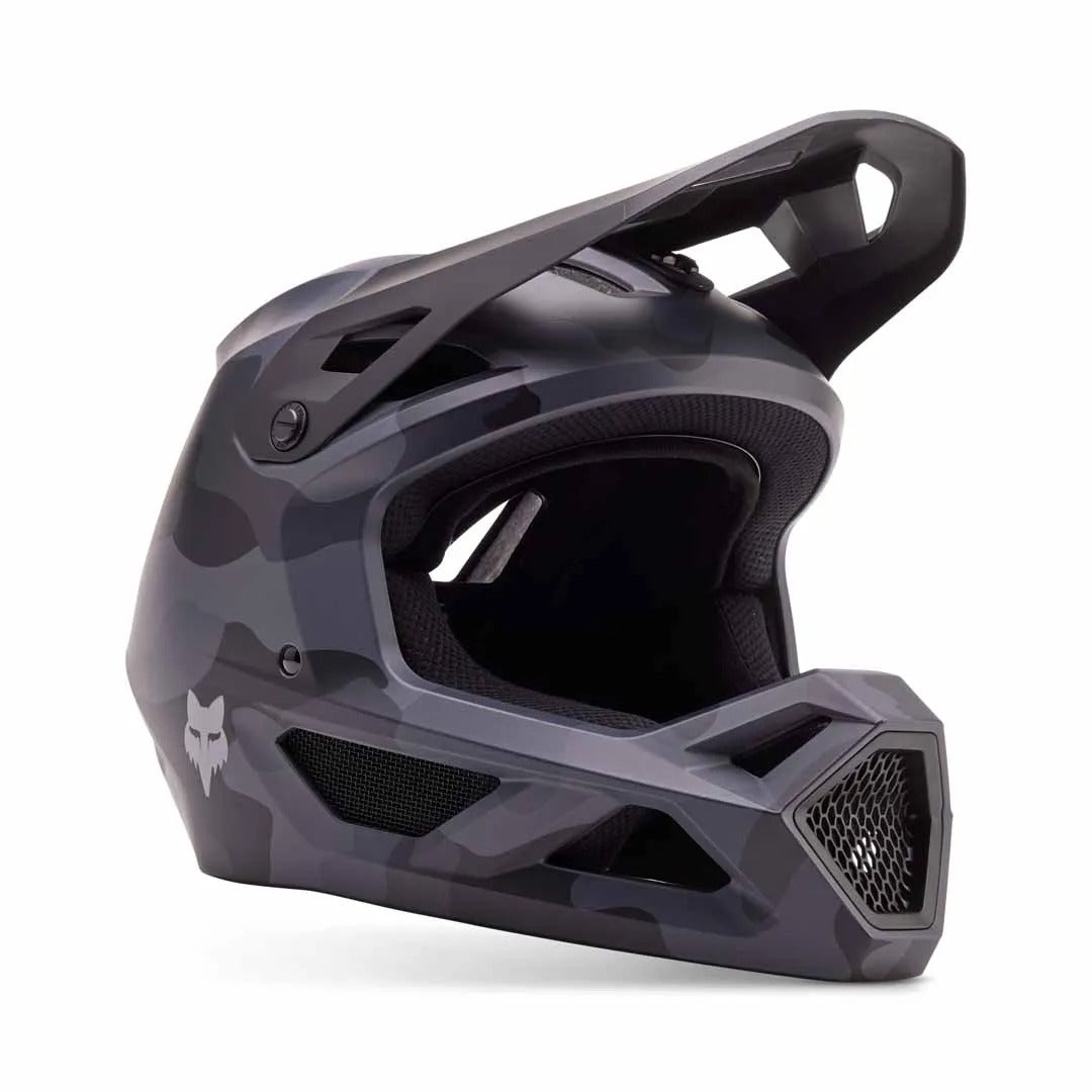 Black Camo Fox Full Face Mountain Bike Helmet on a white background