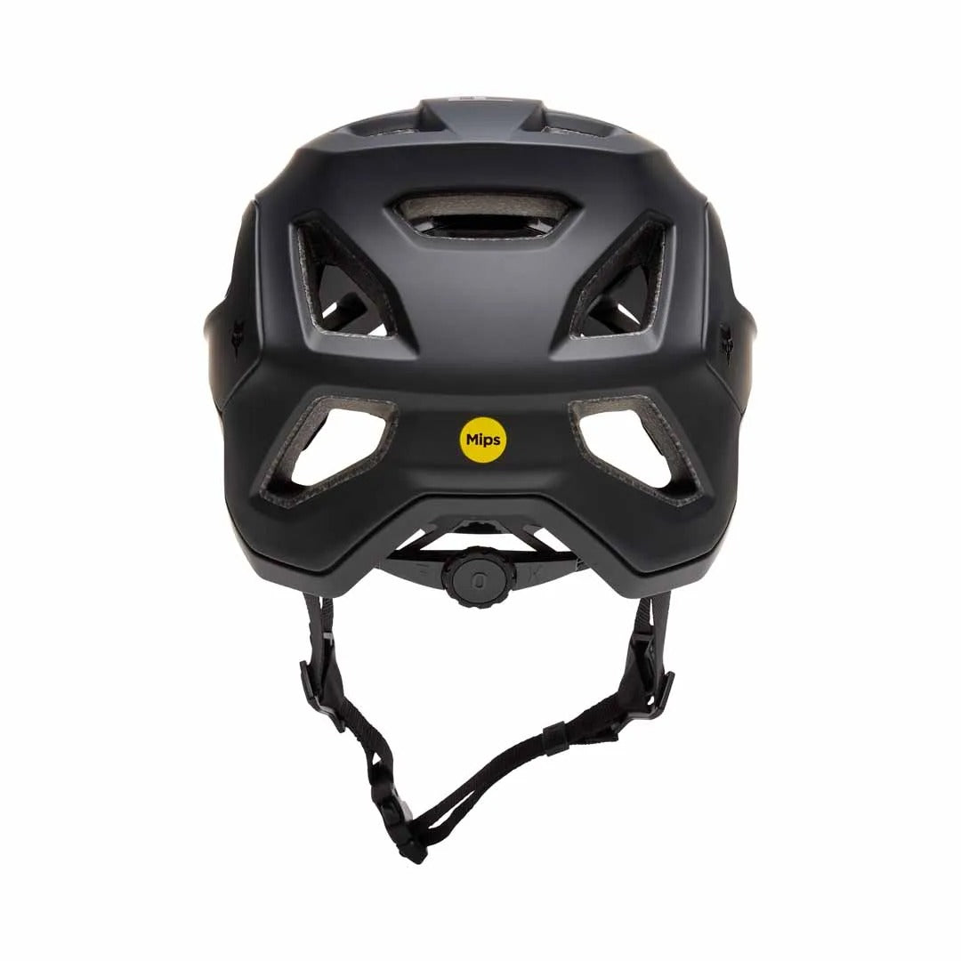 The back view of a black mountain bike helmet with MIPS logo on a white background