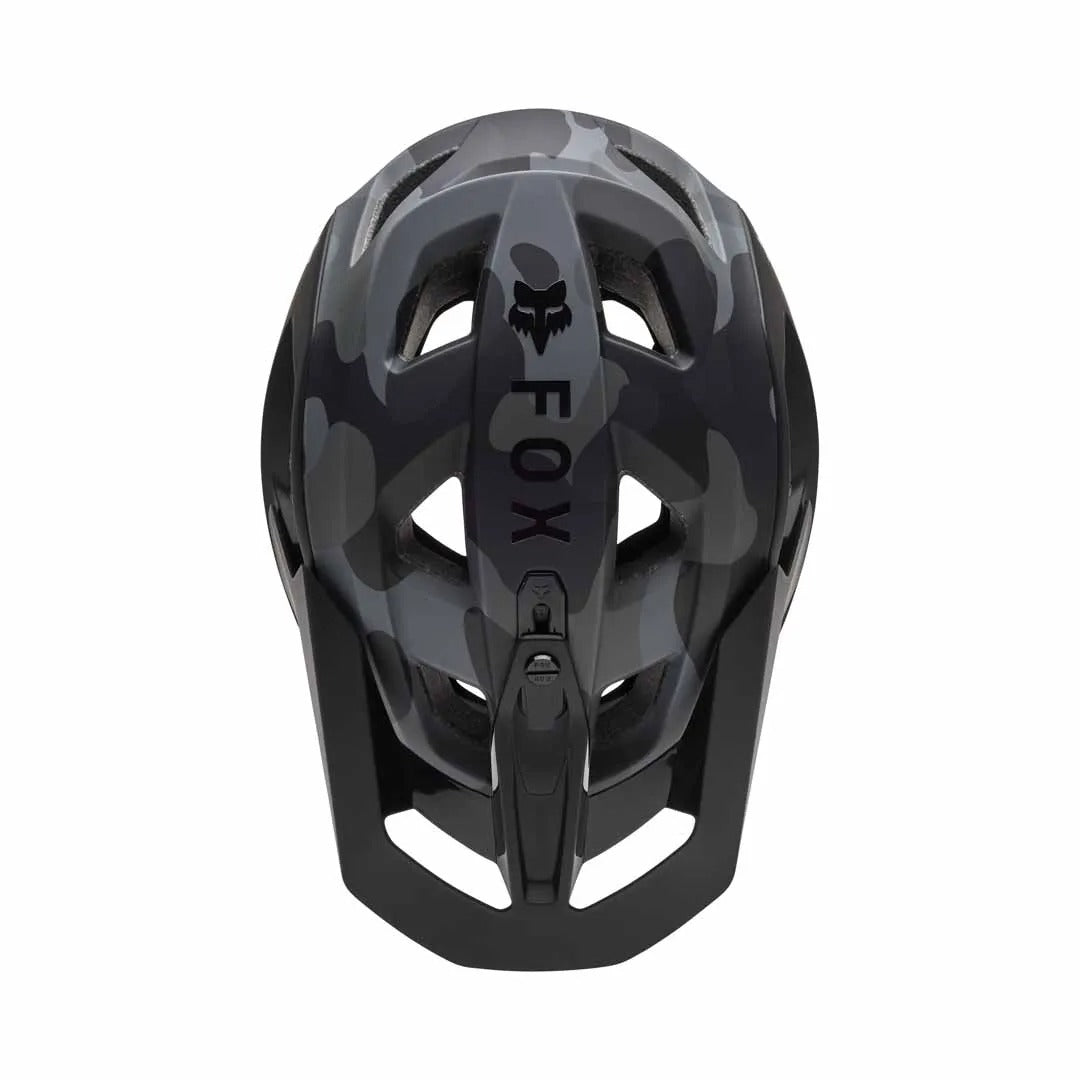 A birds eye view of a Camo Fox mountain bike helmet on a white background