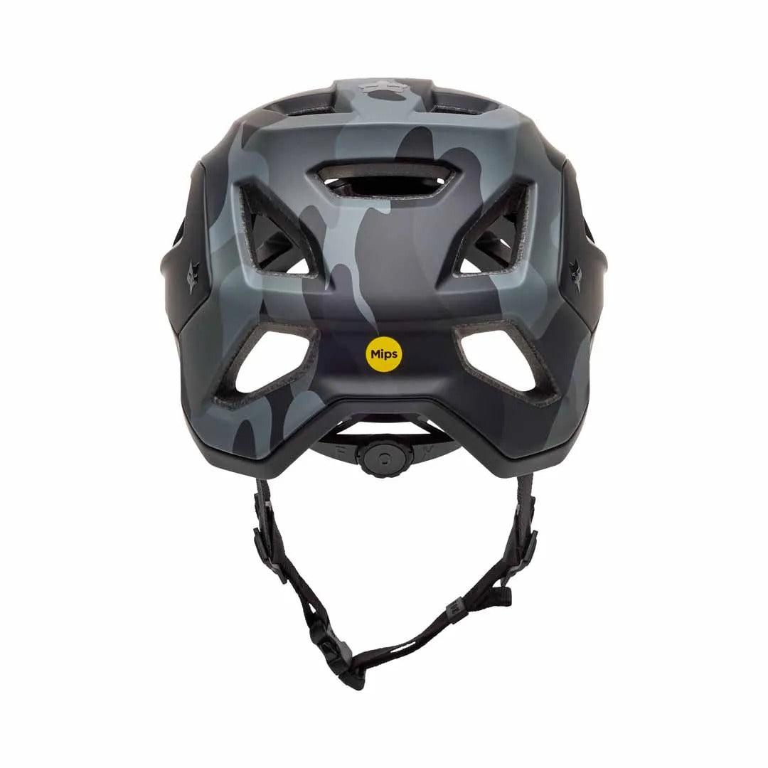 Rear View of a mountain bike helmet with yellow 'MIPS' sticker on a white background