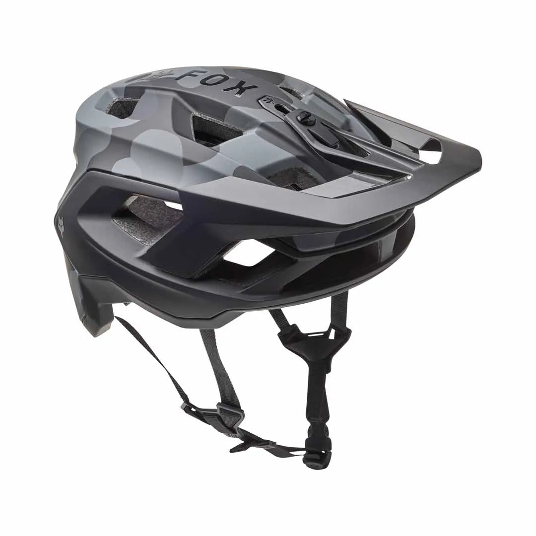Camo Fox mountain bike helmet on a white background